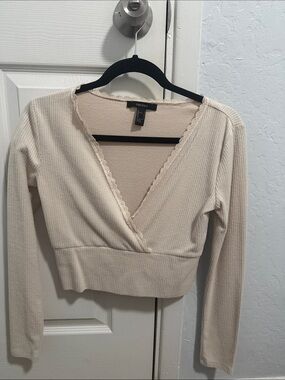 Forever 21 Cream Ribbed Lace-Trim Wrap Long-Sleeve Crop Top